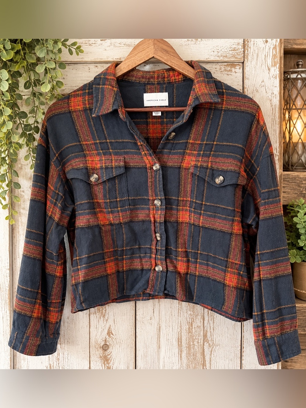 American Eagle Outfitters Navy and Rust Plaid Cropped Button-Up Shirt